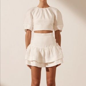 SHONA JOY MAYA LINEN BALLOON SLEEVE LACE BACK TOP AND MATCHING SKIRT - IVORY